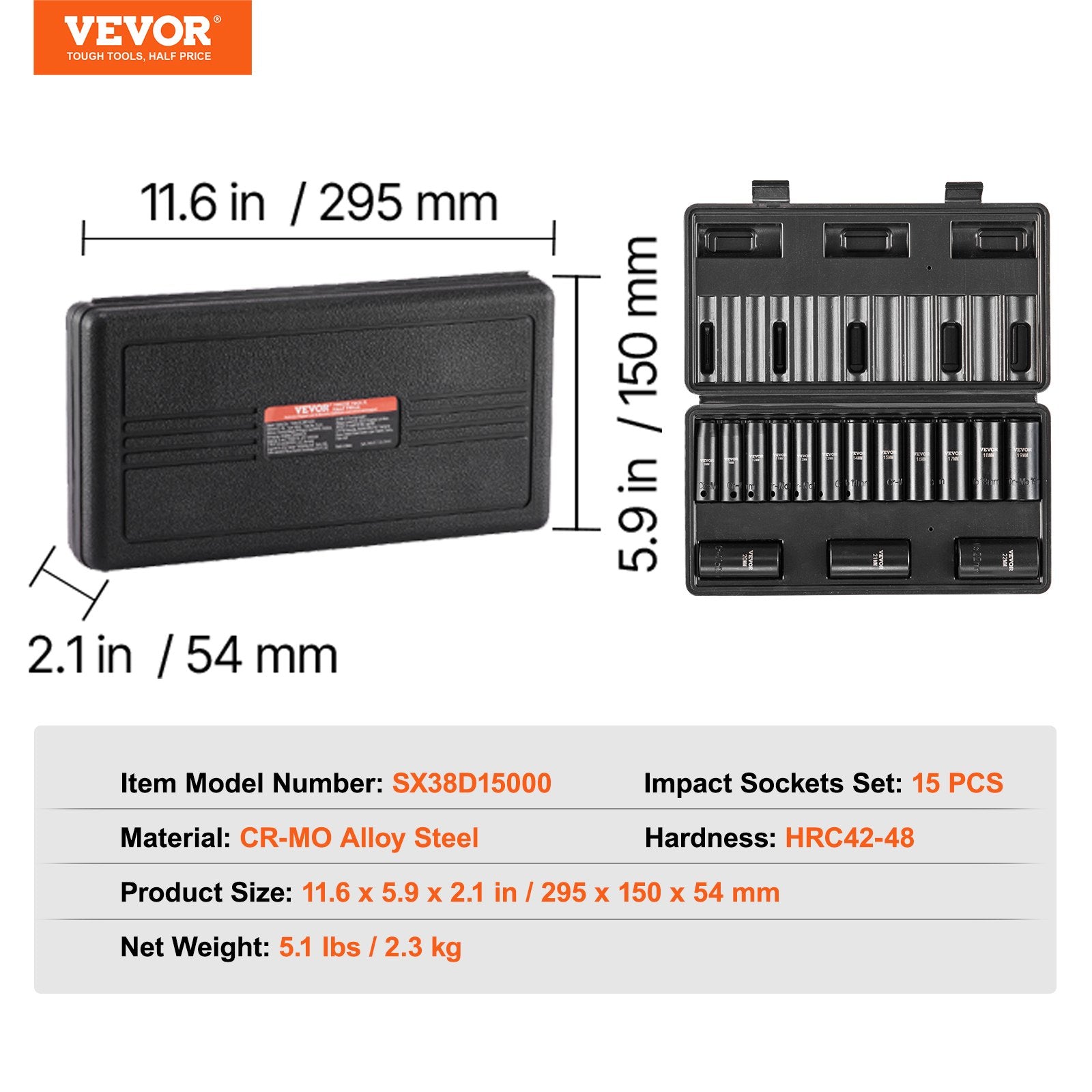 3/8" Drive Impact Socket Set, 15 Piece Deep Socket Set Metric 8-22mm, 6 Point Cr-Mo Alloy Steel for Auto V952-CJTTZJ1CRMO1D0PTUV0