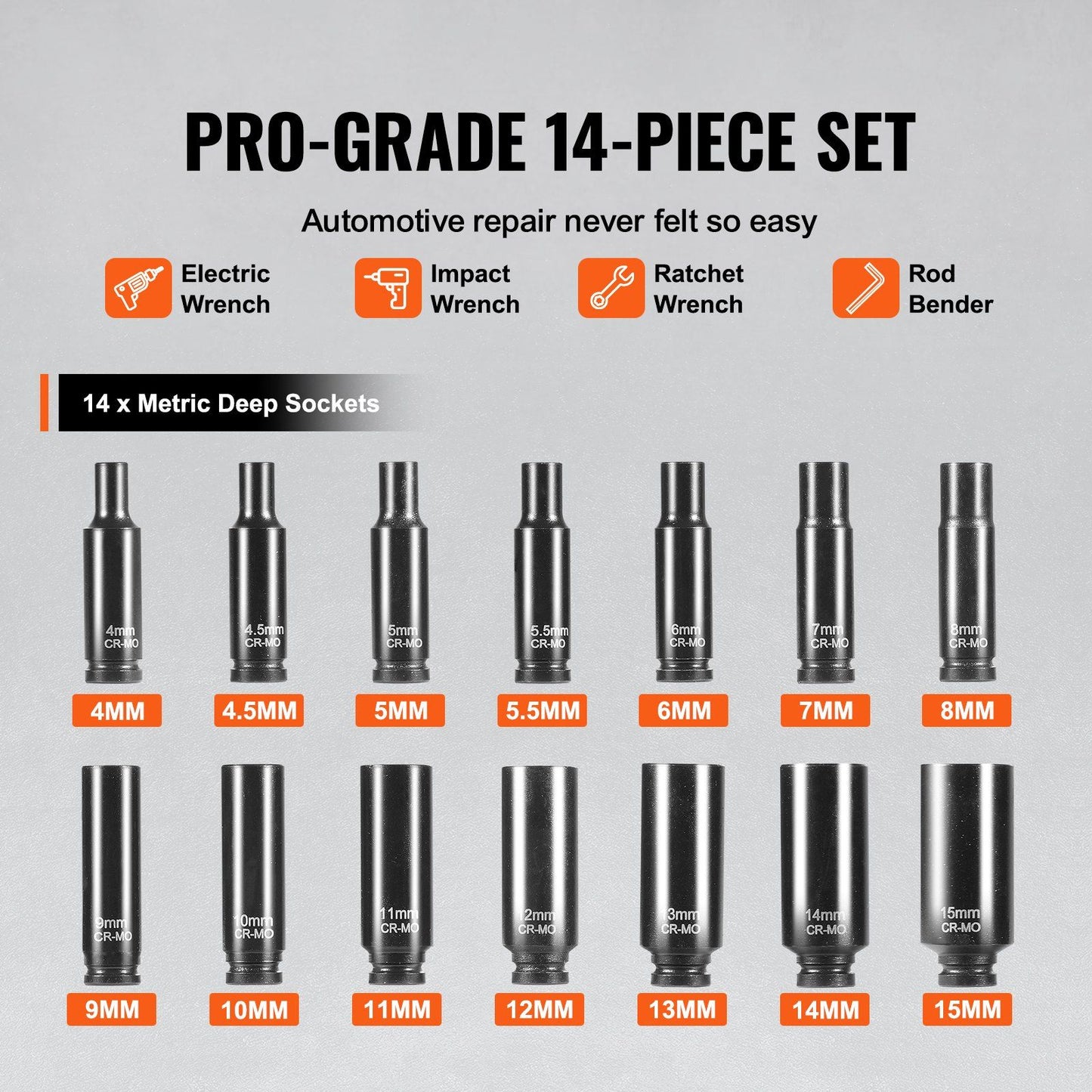 1/4" Drive Impact Socket Set, 14 Piece Deep Socket Set Metric 4-15mm, 6 Point Cr-Mo Alloy Steel for Auto V952-CJTTZJ1CRMO1WL3UXV0
