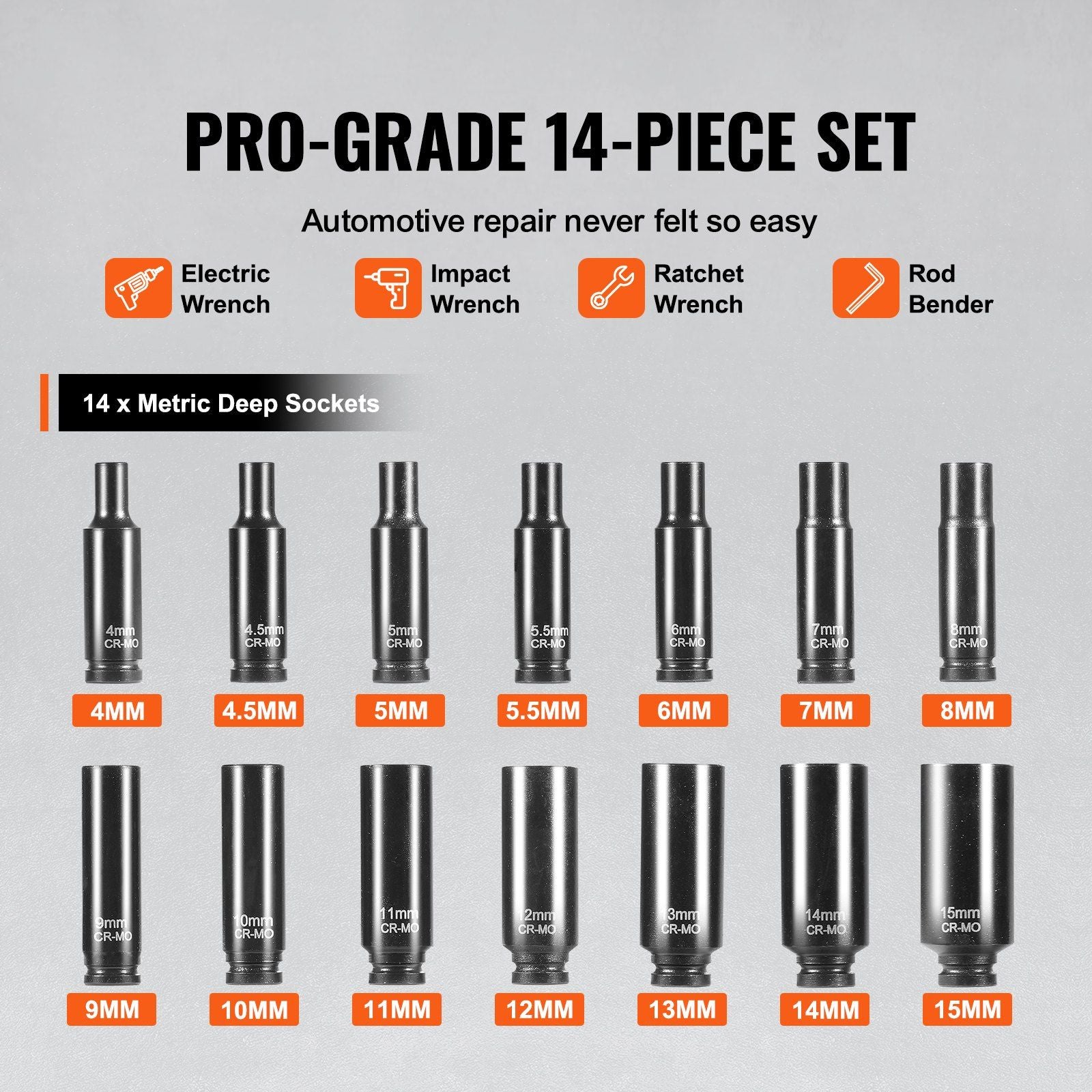 1/4" Drive Impact Socket Set, 14 Piece Deep Socket Set Metric 4-15mm, 6 Point Cr-Mo Alloy Steel for Auto V952-CJTTZJ1CRMO1WL3UXV0