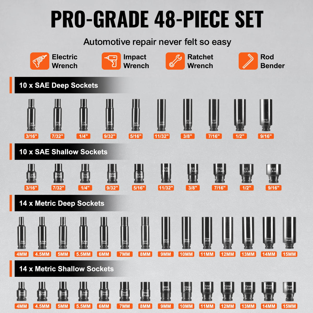 Impact Sockets Set 48pcs 6-Point 1/4" Drive Bit Ratchet Tool Kit Case V952-CJTTZJ1CRMO41B6ARV0