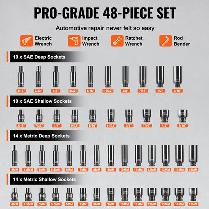 Impact Sockets Set 48pcs 6-Point 1/4" Drive Bit Ratchet Tool Kit Case V952-CJTTZJ1CRMO41B6ARV0