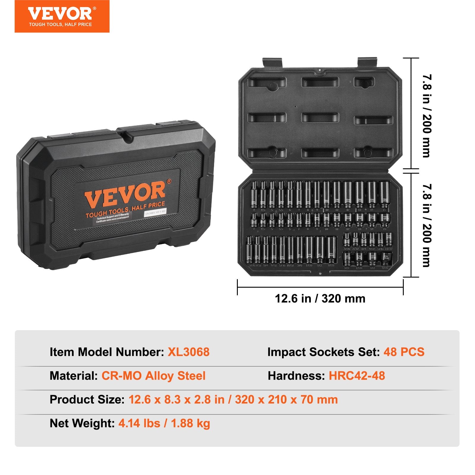 Impact Sockets Set 48pcs 6-Point 1/4" Drive Bit Ratchet Tool Kit Case V952-CJTTZJ1CRMO41B6ARV0