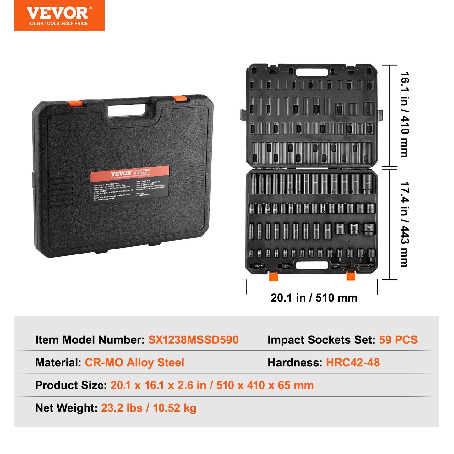 Impact Sockets Set 59pcs 6-Point 3/8" & 1/2" Drive Bit Ratchet Tool Kit V952-CJTTZJ1CRMO53W901V0