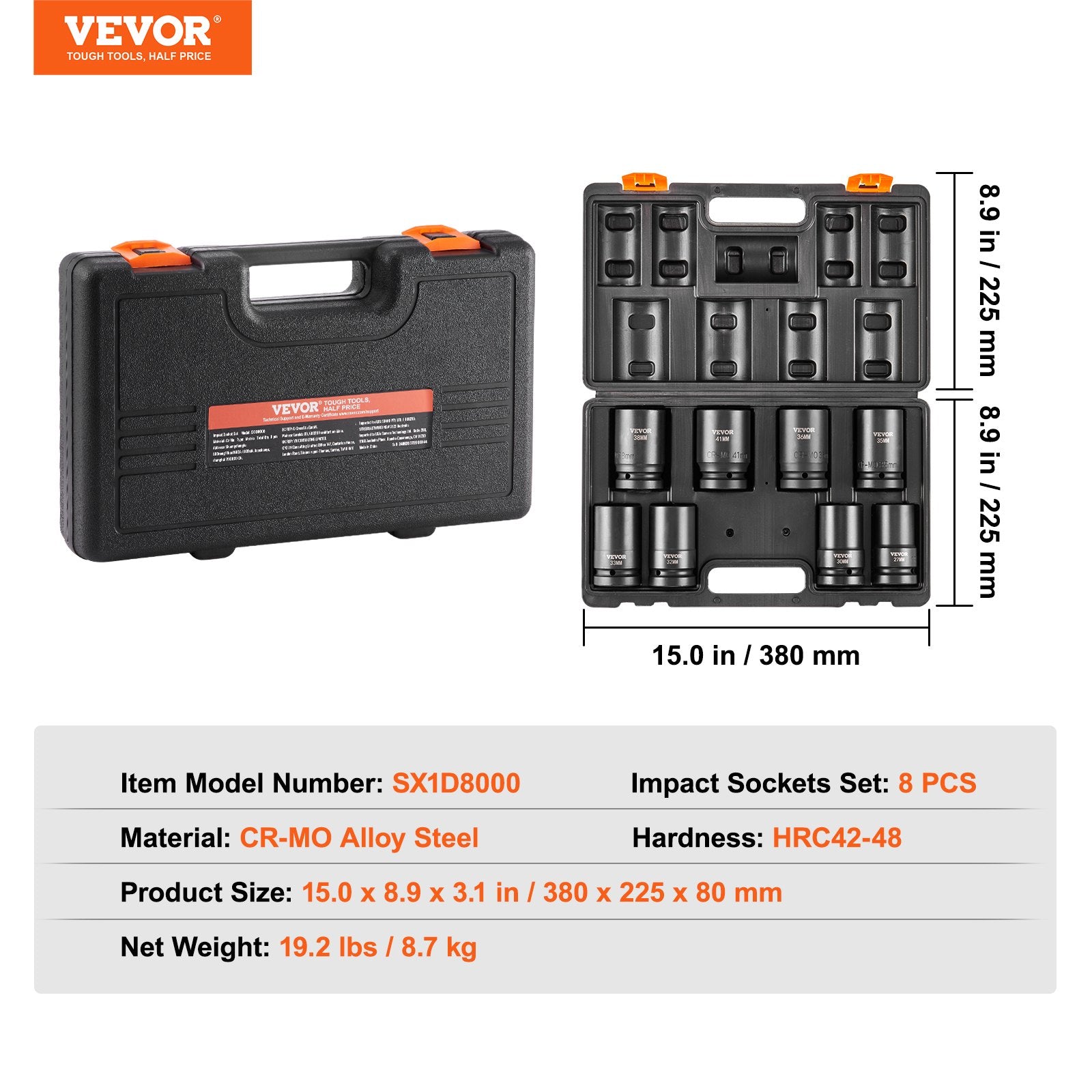 Impact Sockets Set 8pcs 6-Point 1" Drive Bit Ratchet Tool Kit Case V952-CJTTZJ1CRMO8V7TC1V0