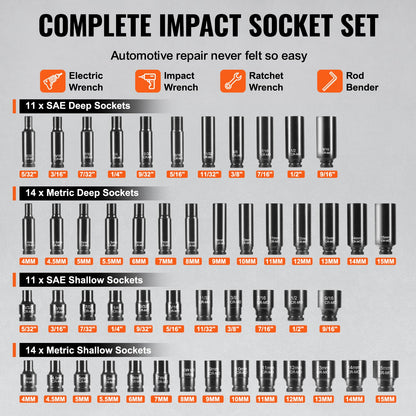 1/4" Drive Impact Socket Set, 55 Piece Deep & Shallow Socket Set SAE 5/32"-9/16" and Metric 4-15mm, 6 Point V952-CJTTZJ1CRV551UAHSV0