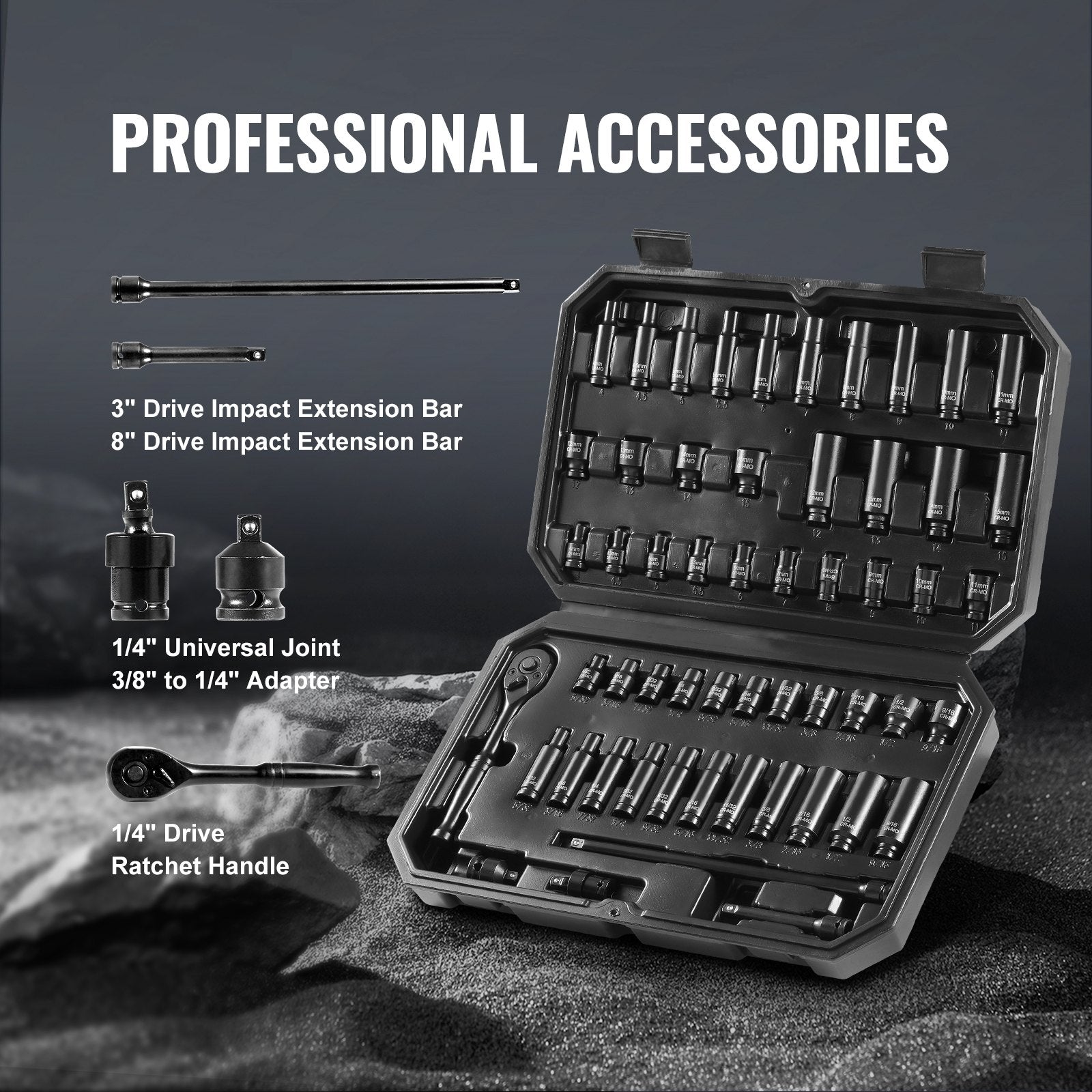 1/4" Drive Impact Socket Set, 55 Piece Deep & Shallow Socket Set SAE 5/32"-9/16" and Metric 4-15mm, 6 Point V952-CJTTZJ1CRV551UAHSV0