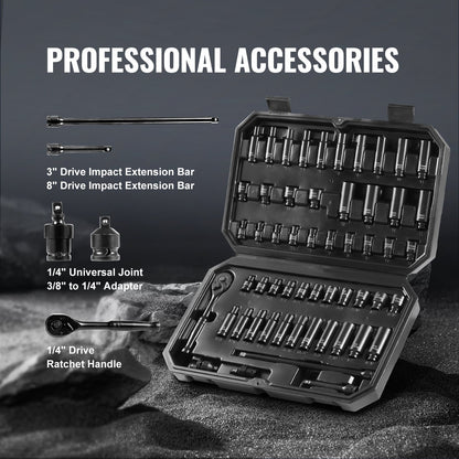 1/4" Drive Impact Socket Set, 55 Piece Deep & Shallow Socket Set SAE 5/32"-9/16" and Metric 4-15mm, 6 Point V952-CJTTZJ1CRV551UAHSV0