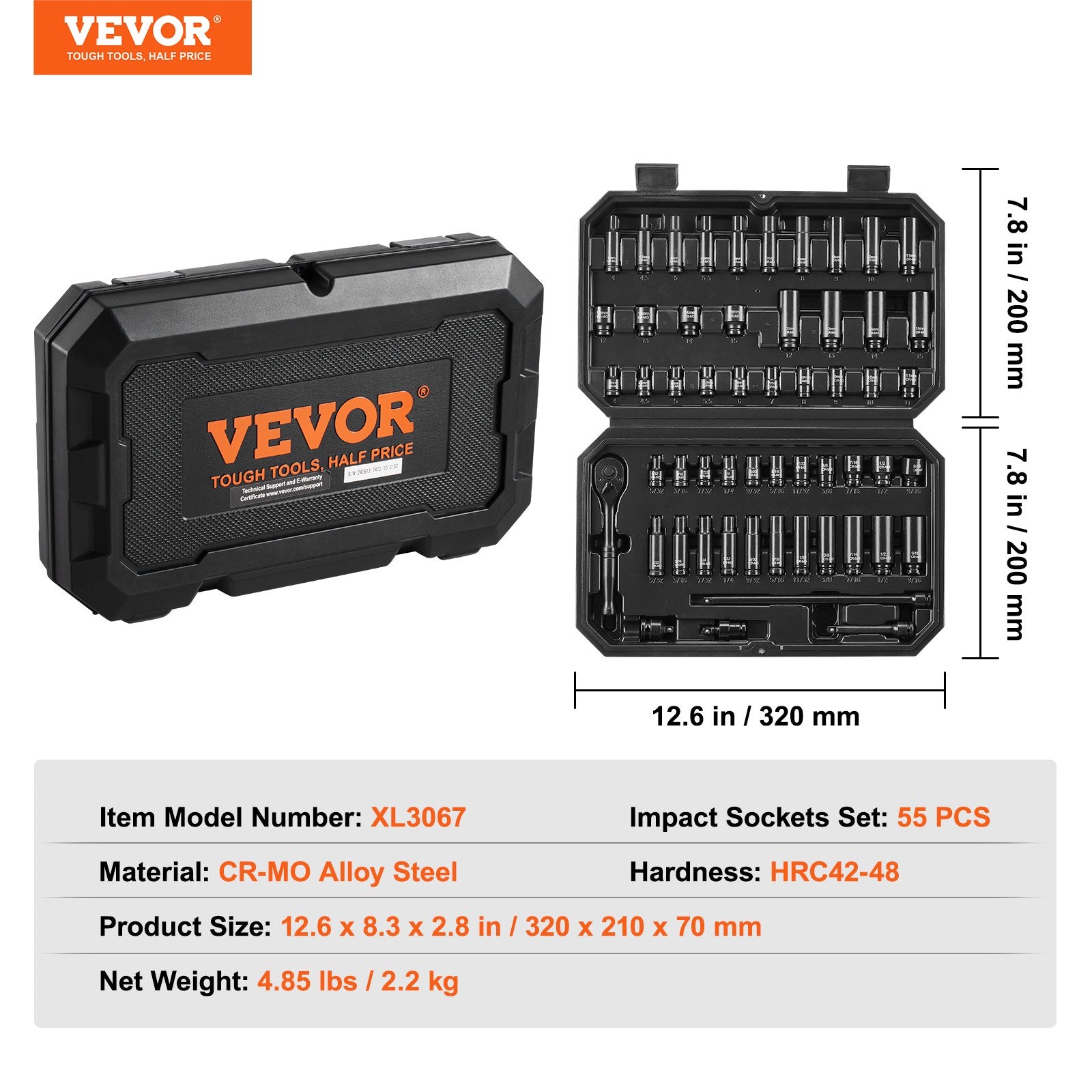 1/4" Drive Impact Socket Set, 55 Piece Deep & Shallow Socket Set SAE 5/32"-9/16" and Metric 4-15mm, 6 Point V952-CJTTZJ1CRV551UAHSV0
