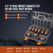 Impact Sockets Set 9pcs 6-Point 1/2in Metric Drive Bit Ratchet Tool Kit V952-CJTTZJCRMO912IFZ2V0
