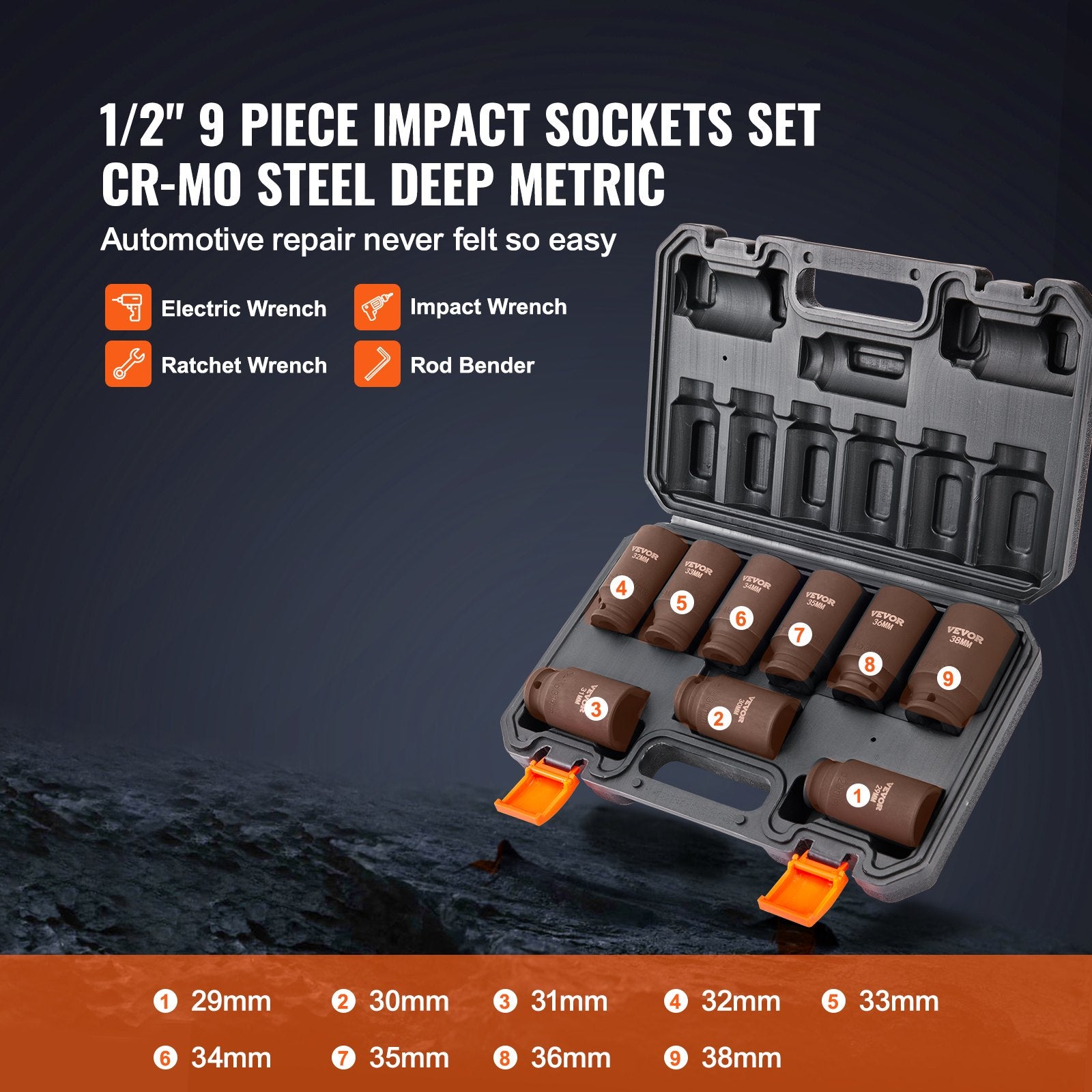 Impact Sockets Set 9pcs 6-Point 1/2in Metric Drive Bit Ratchet Tool Kit V952-CJTTZJCRMO912IFZ2V0