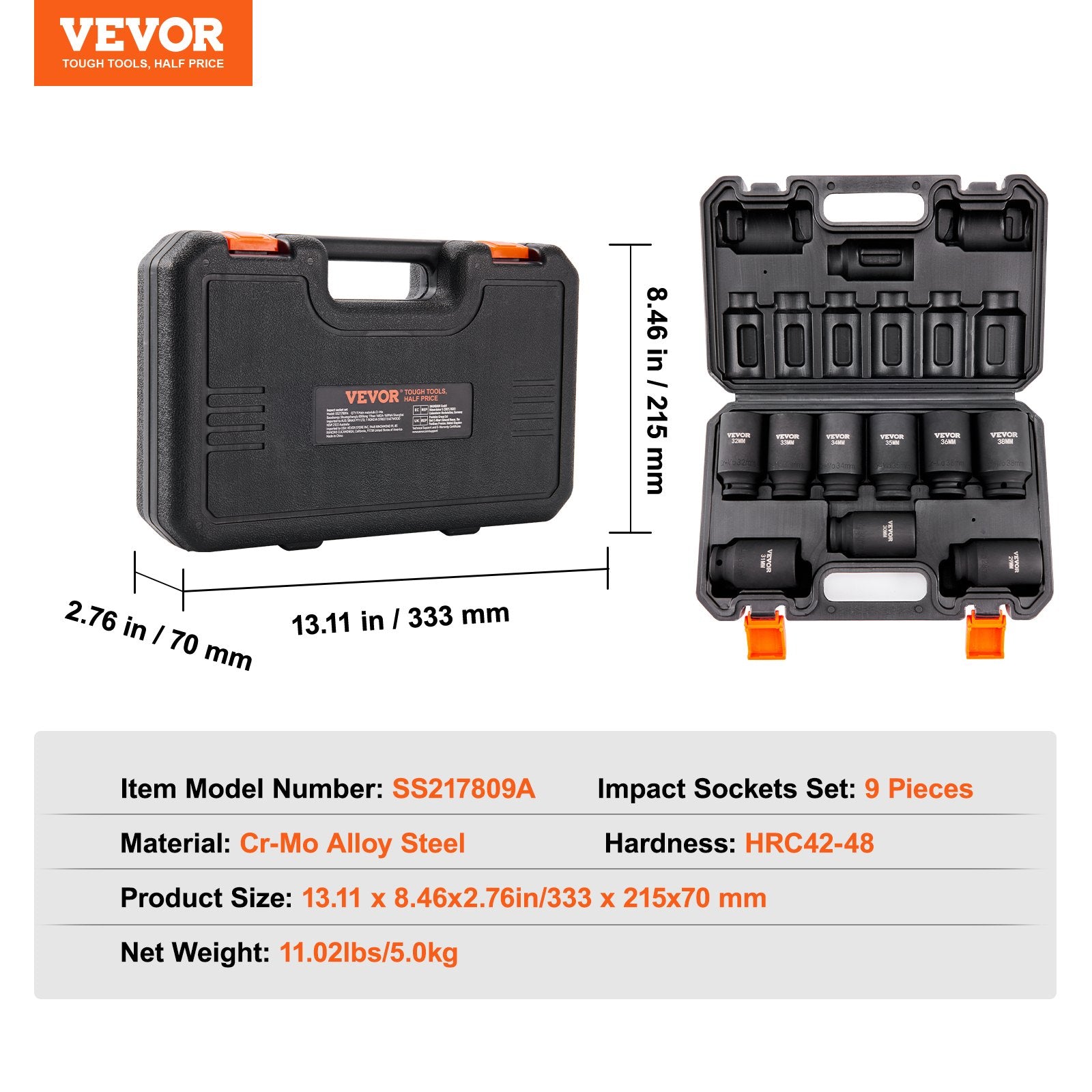Impact Sockets Set 9pcs 6-Point 1/2in Metric Drive Bit Ratchet Tool Kit V952-CJTTZJCRMO912IFZ2V0