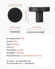 Cabinet Knobs, 10 Pack, 32 mm Black Zinc Alloy Drawer Pulls & Door Handles, Mushroom Kitchen Solid Knobs V952-CJXNJDMGT10PE6O7J001V0