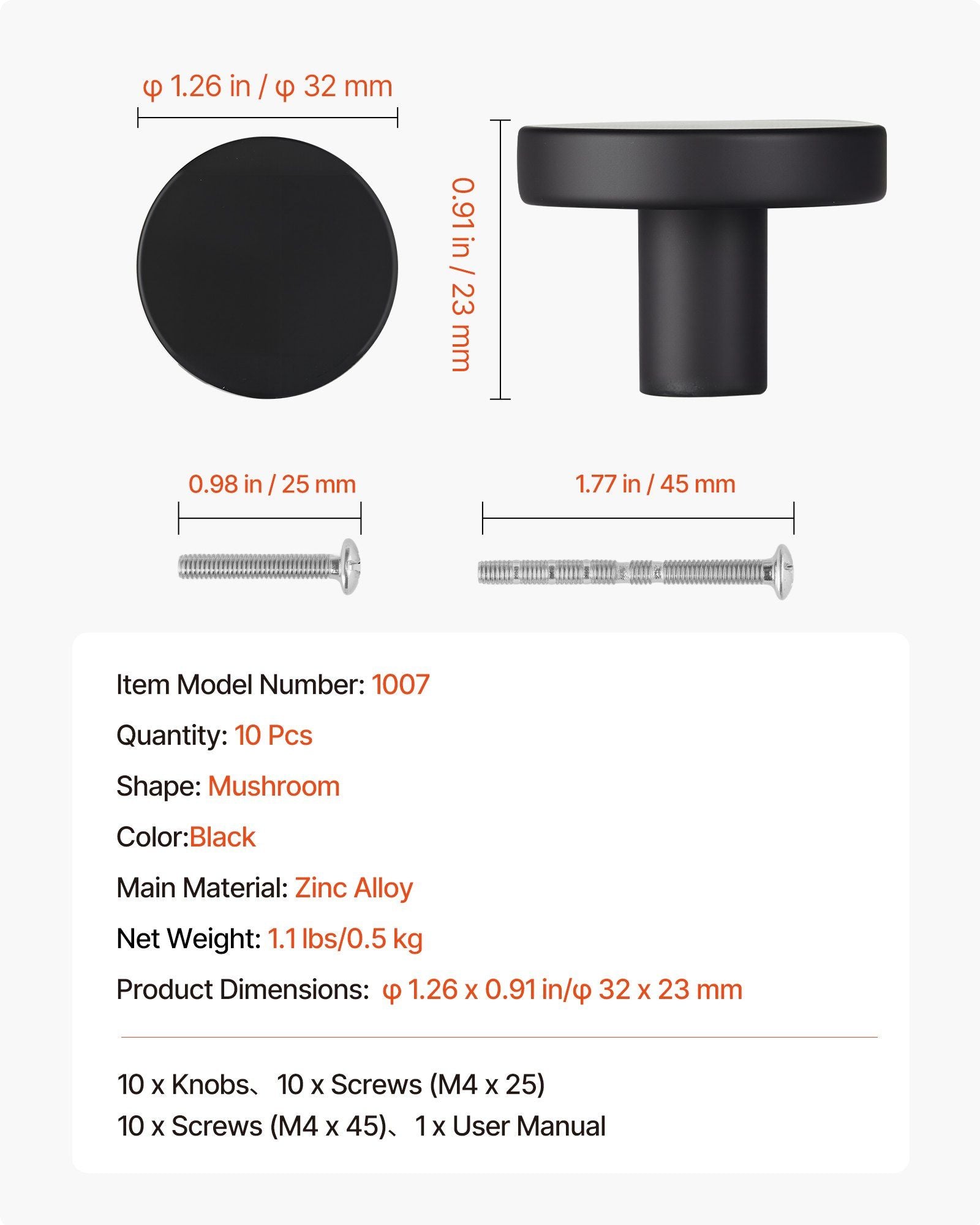 Cabinet Knobs, 10 Pack, 32 mm Black Zinc Alloy Drawer Pulls & Door Handles, Mushroom Kitchen Solid Knobs V952-CJXNJDMGT10PE6O7J001V0