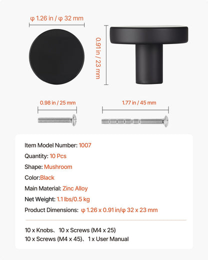 Cabinet Knobs, 10 Pack, 32 mm Black Zinc Alloy Drawer Pulls & Door Handles, Mushroom Kitchen Solid Knobs V952-CJXNJDMGT10PE6O7J001V0