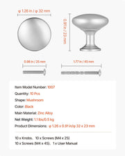 Cabinet Knobs, 25 Pack, 28 mm Zinc Alloy Drawer Pulls Door Handles, Mushroom Kitchen Solid Knobs Dresser V952-CJXNJDMGT25PMSFU4001V0