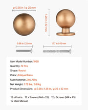 Cabinet Knobs, 12 Pack, 25 mm Zinc Alloy Drawer Pulls Door Handles, Round Kitchen Dresser Solid Knobs V952-CJXNYQ12PCS0E1OAF001V0