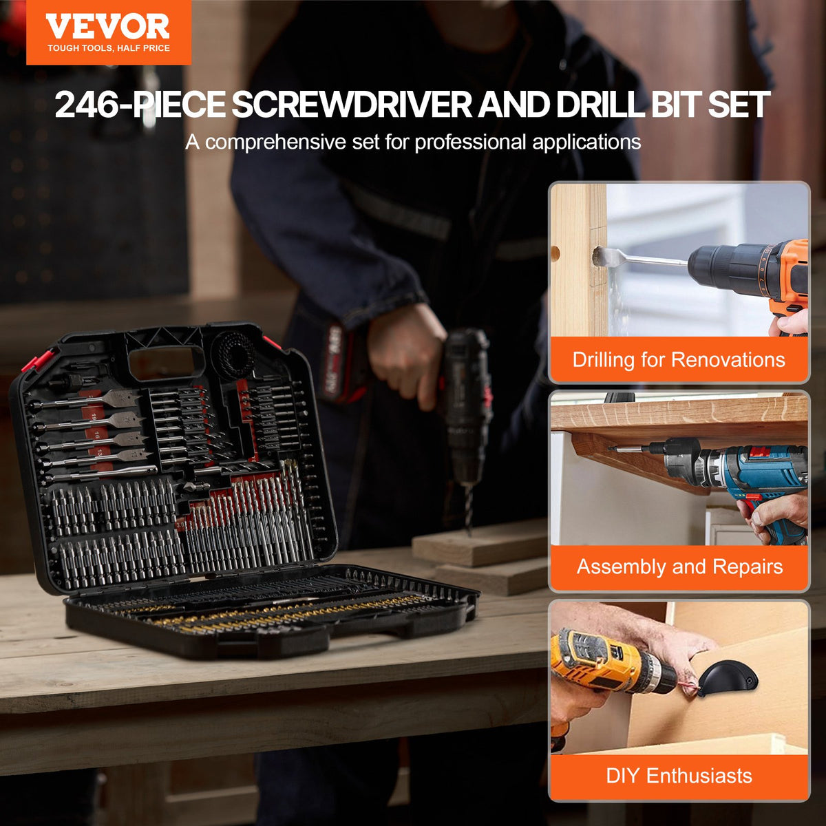 Drill Bit Set, 246 Pieces Drill and Driver Bit Set, Screwdriver Bit Set Suitable for Wood Metal Cement V952-CJZHQZTZ246PK9I75V0