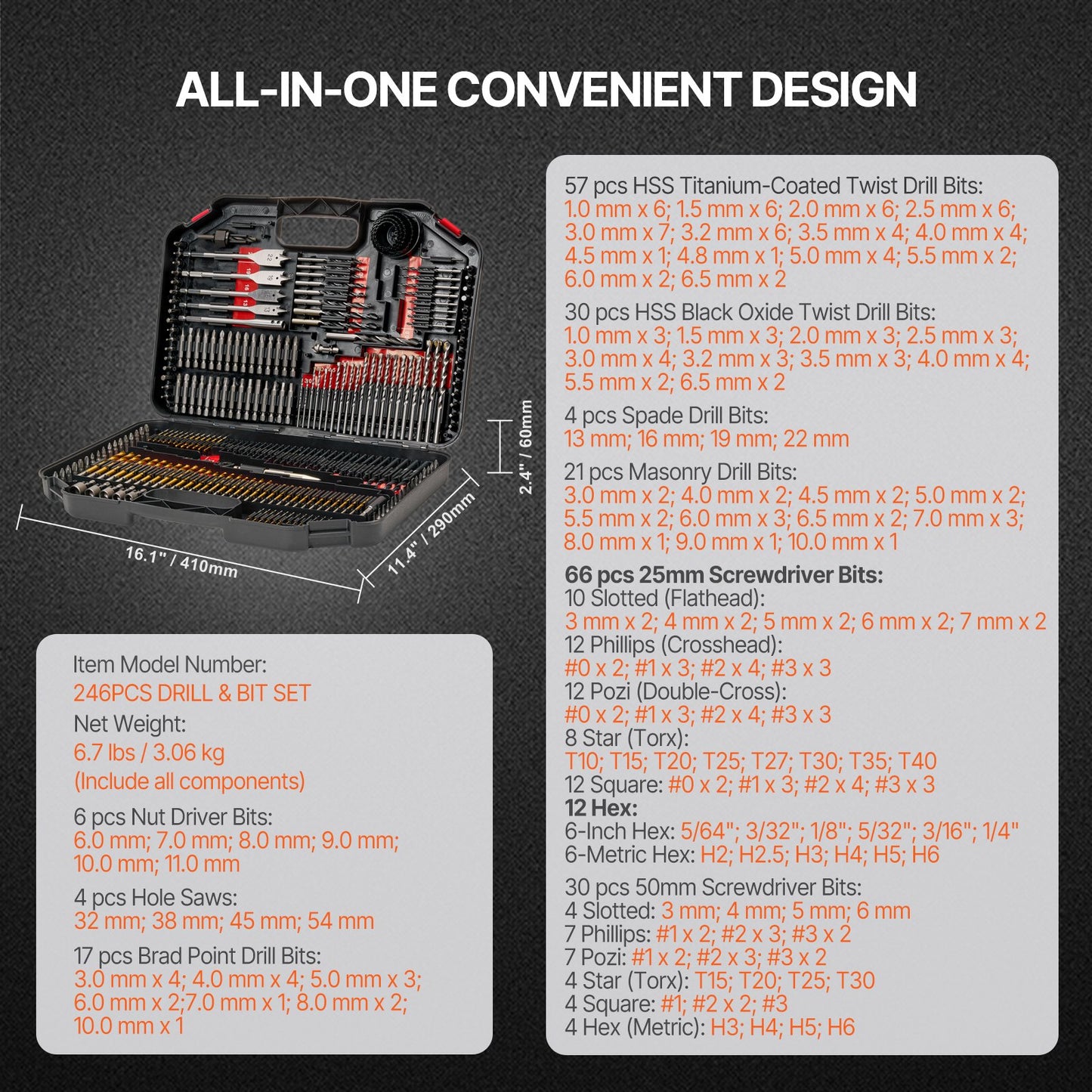 Drill Bit Set, 246 Pieces Drill and Driver Bit Set, Screwdriver Bit Set Suitable for Wood Metal Cement V952-CJZHQZTZ246PK9I75V0