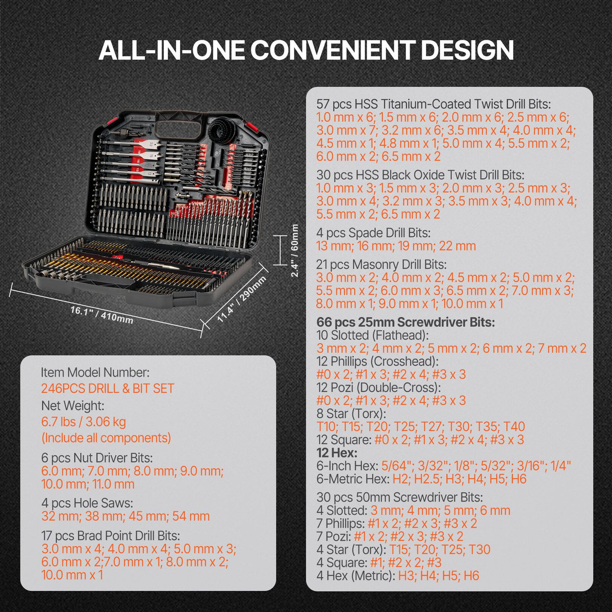 Drill Bit Set, 246 Pieces Drill and Driver Bit Set, Screwdriver Bit Set Suitable for Wood Metal Cement V952-CJZHQZTZ246PK9I75V0