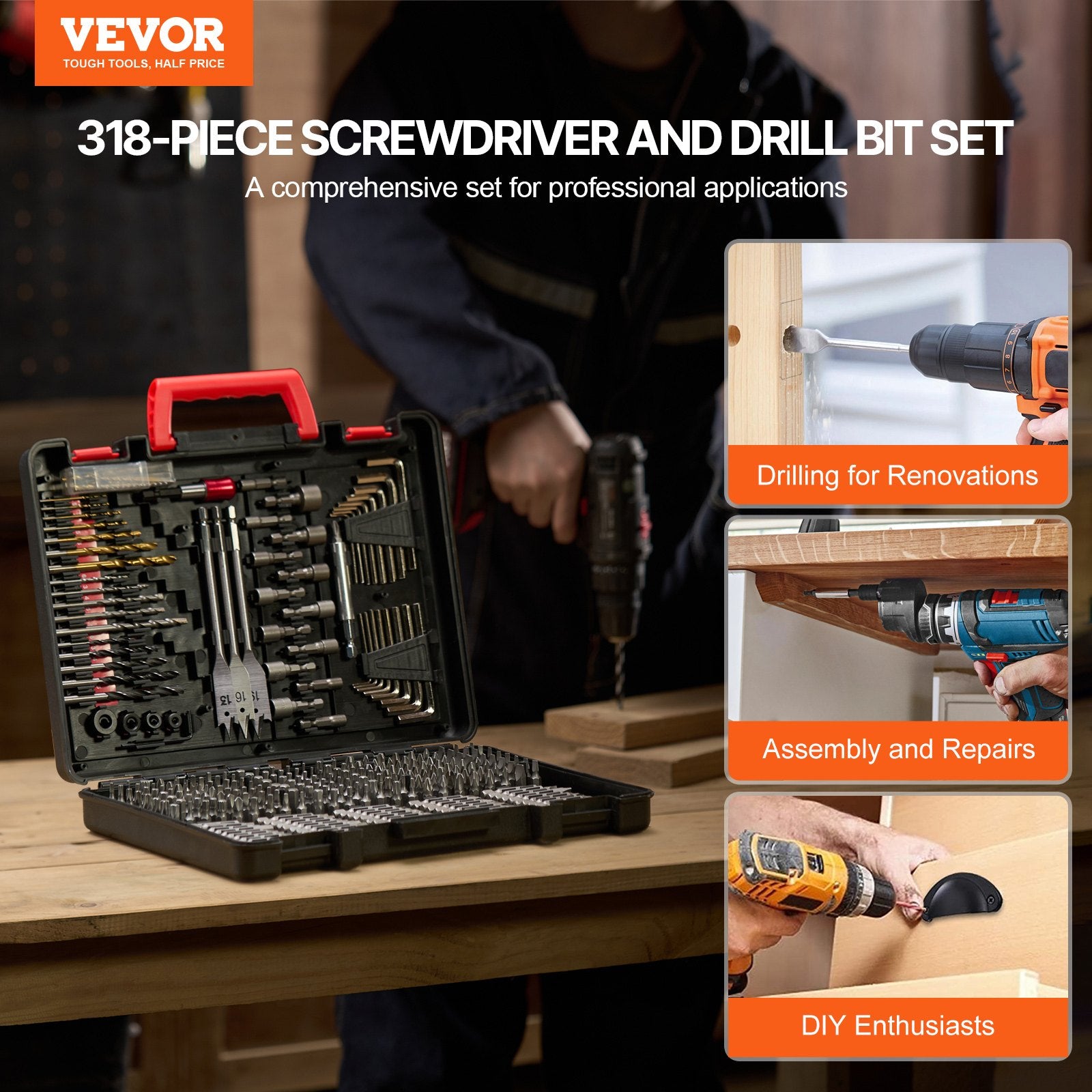 Drill Bit Set, 318 Pieces Drill and Driver Bit Set, Screwdriver Bit Set Suitable for Wood Metal Cement V952-CJZHQZTZ300PEZ4SBV0