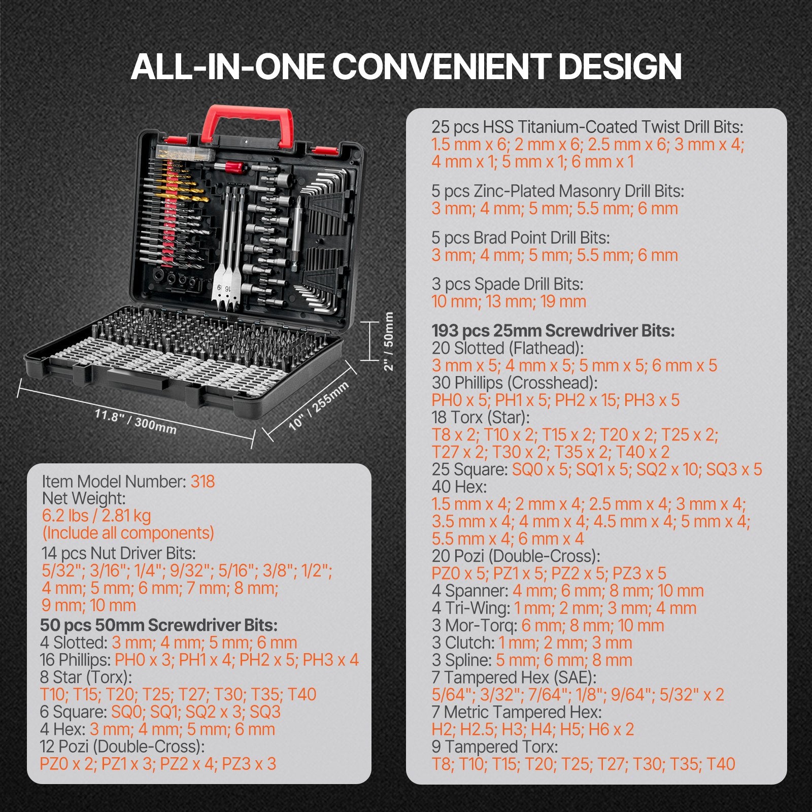 Drill Bit Set, 318 Pieces Drill and Driver Bit Set, Screwdriver Bit Set Suitable for Wood Metal Cement V952-CJZHQZTZ300PEZ4SBV0