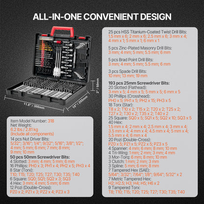 Drill Bit Set, 318 Pieces Drill and Driver Bit Set, Screwdriver Bit Set Suitable for Wood Metal Cement V952-CJZHQZTZ300PEZ4SBV0