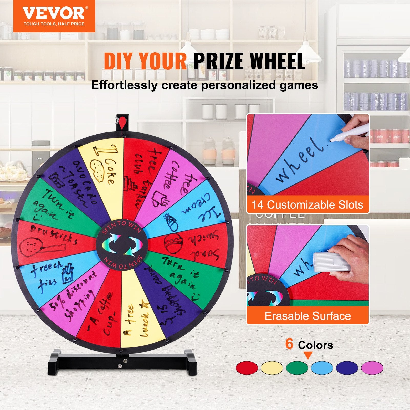 24 inch Spinning Prize Wheel, 14 Slots Tabletop Spinner, Heavy Duty Roulette Wheel with a Dry Erase and 2 V952-CJZLJP24YCGD8WSCVV0
