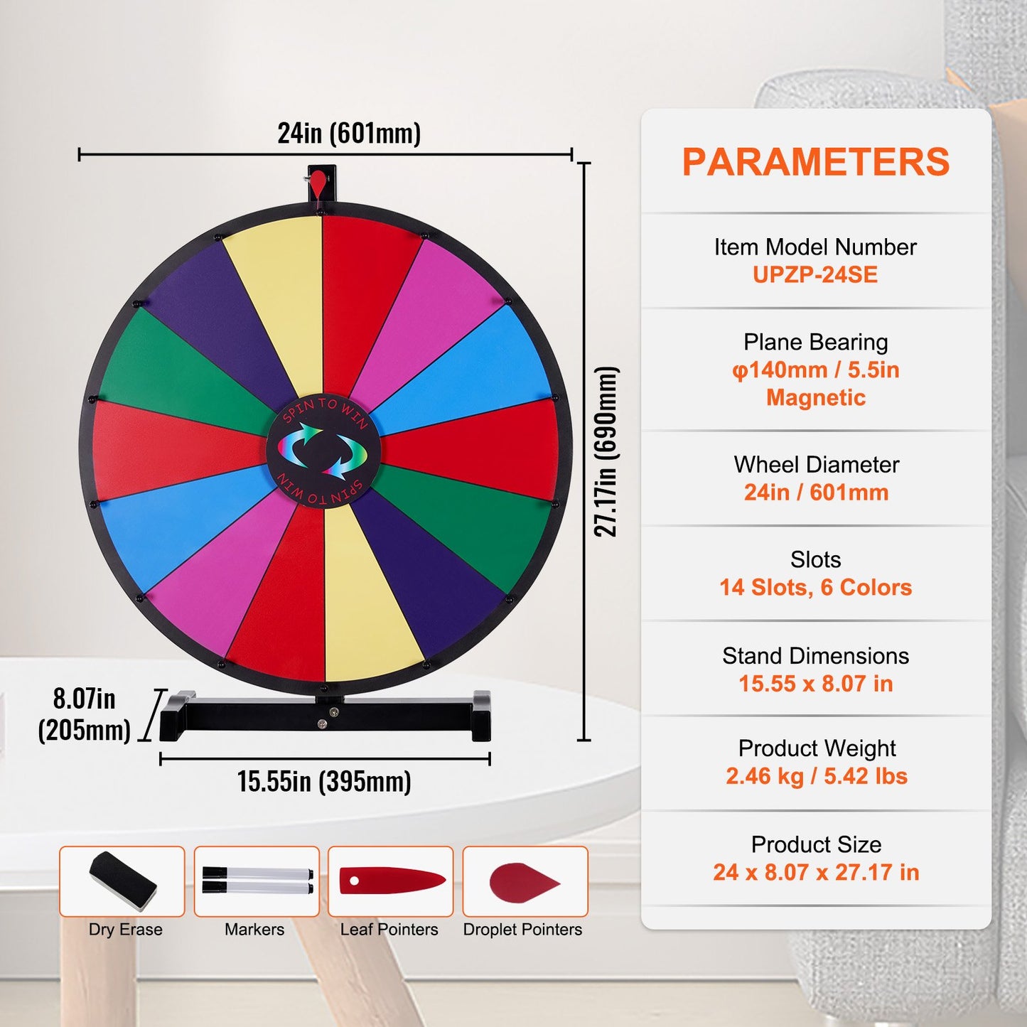 24 inch Spinning Prize Wheel, 14 Slots Tabletop Spinner, Heavy Duty Roulette Wheel with a Dry Erase and 2 V952-CJZLJP24YCGD8WSCVV0