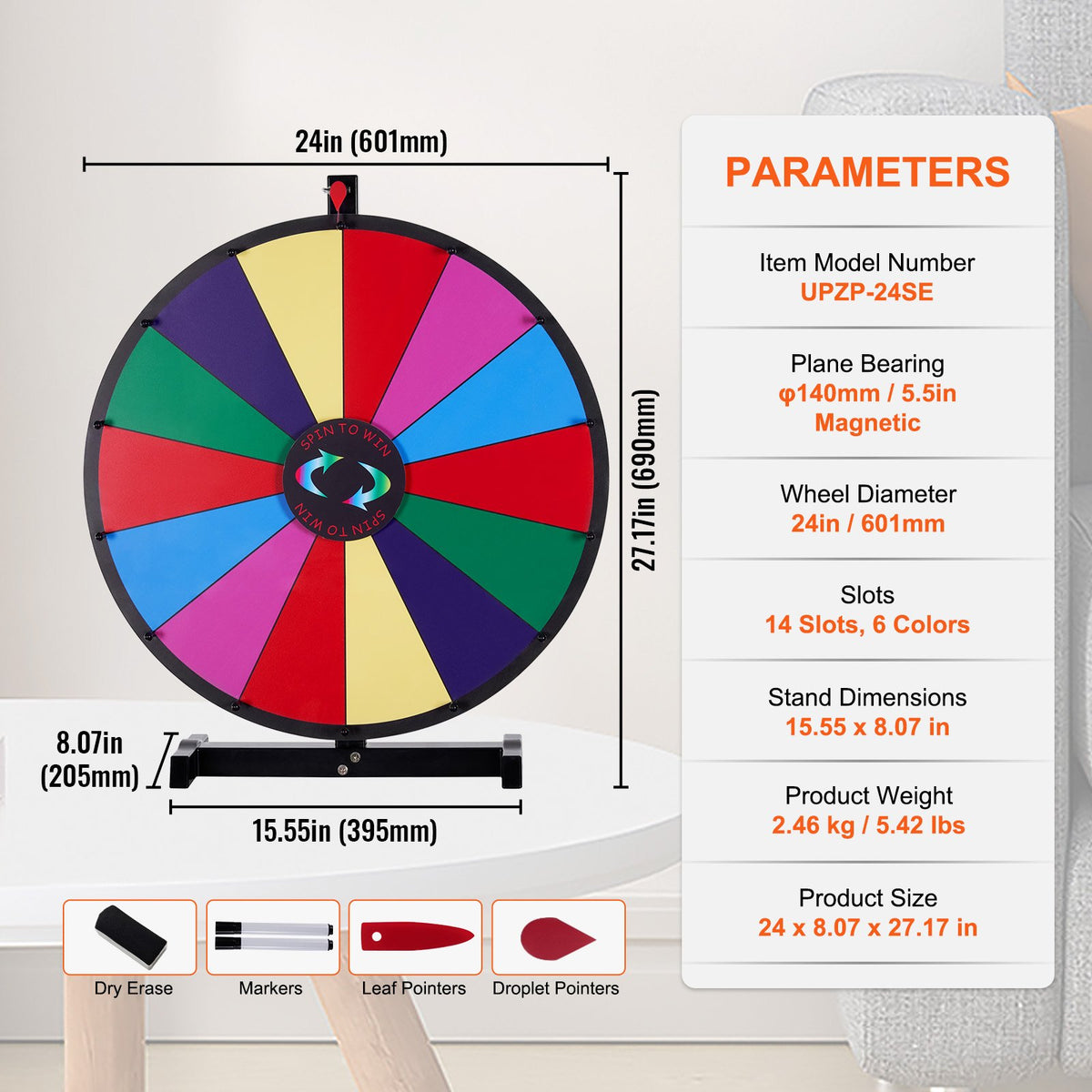 24 inch Spinning Prize Wheel, 14 Slots Tabletop Spinner, Heavy Duty Roulette Wheel with a Dry Erase and 2 V952-CJZLJP24YCGD8WSCVV0