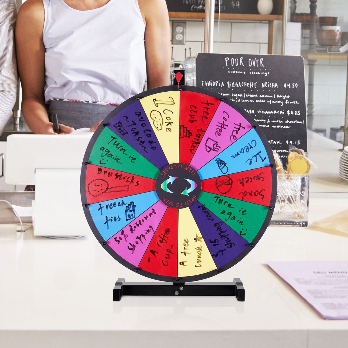24 inch Spinning Prize Wheel, 14 Slots Tabletop Spinner, Heavy Duty Roulette Wheel with a Dry Erase and 2 V952-CJZLJP24YCGD8WSCVV0