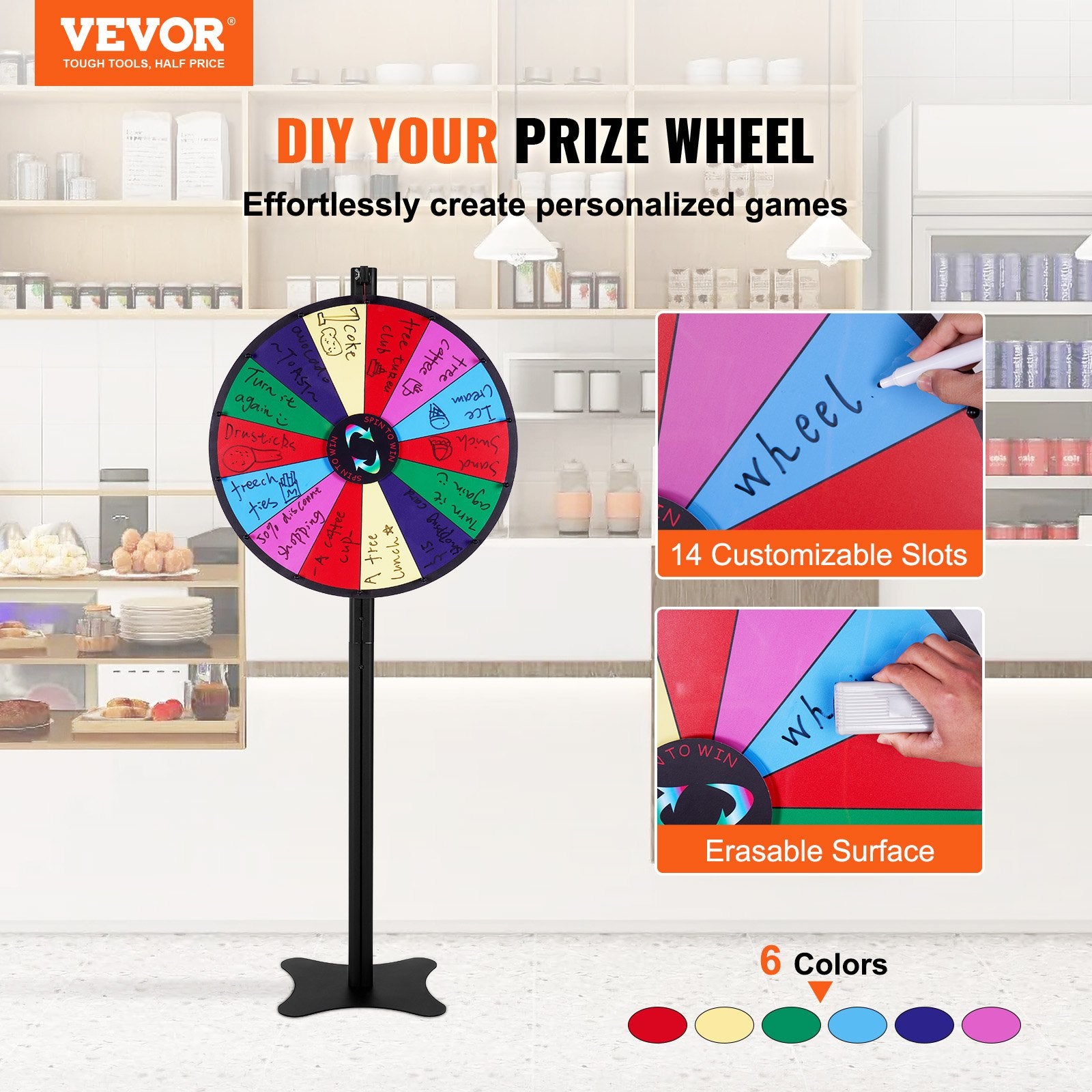 24 inch Spinning Prize Wheel, 14 Slots Spinning Wheel, Roulette Wheel with a Dry Erase and 2 Markers, V952-CJZLJP24YCLDOLAIQV0