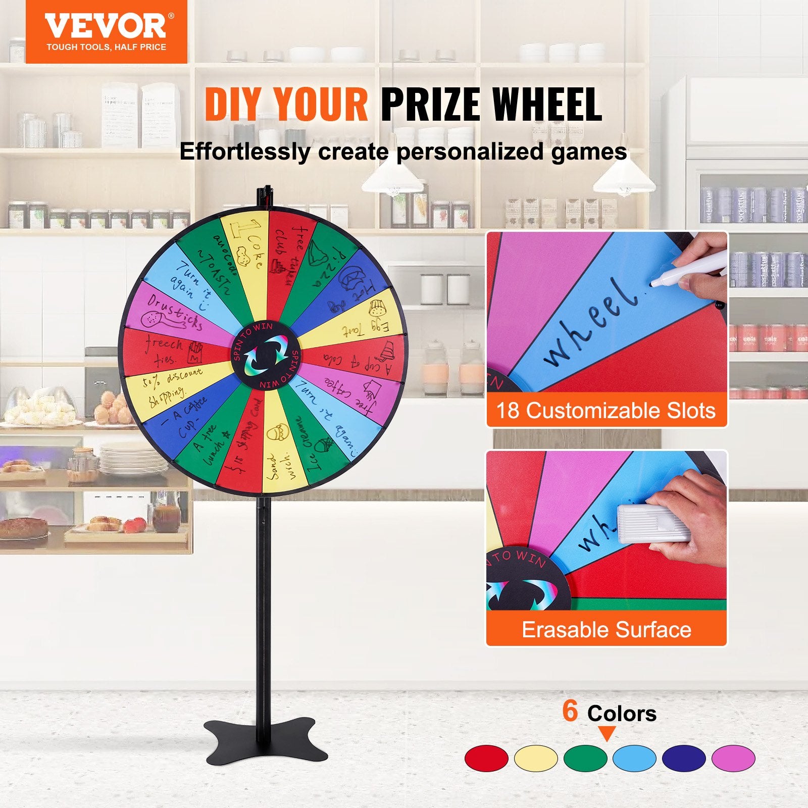 36 inch Spinning Prize Wheel, 18 Slots Spinning Wheel, Roulette Wheel with a Dry Erase and 2 Markers, V952-CJZLJP36YCLD348OOV0