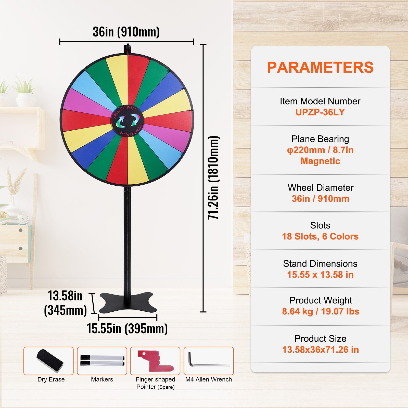 36 inch Spinning Prize Wheel, 18 Slots Spinning Wheel, Roulette Wheel with a Dry Erase and 2 Markers, V952-CJZLJP36YCLD348OOV0