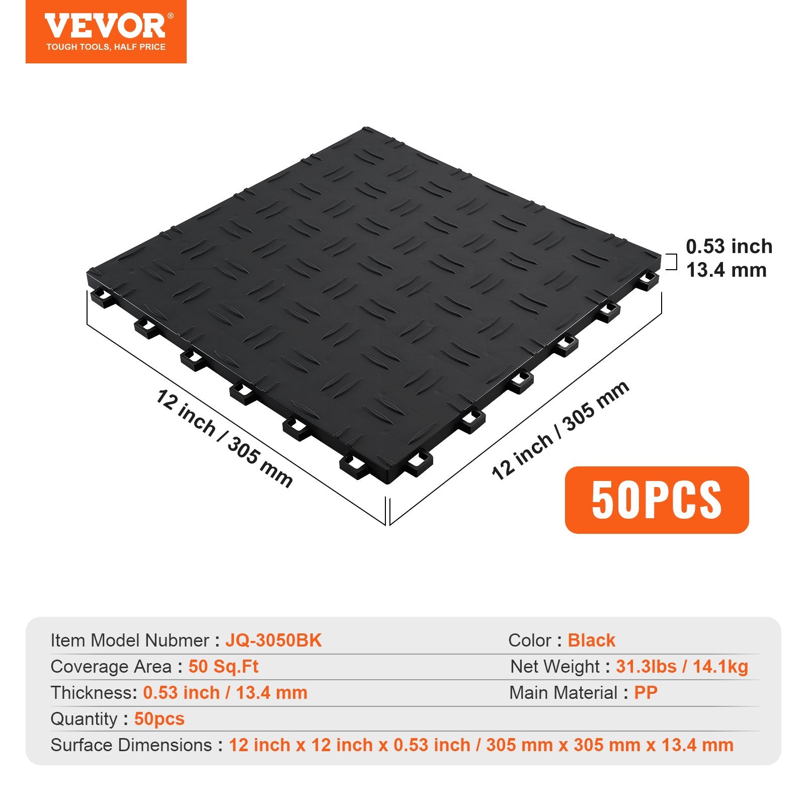 Garage Tiles Interlocking, 12 x 12 x 0.53 inch 50 Pack Garage Floor Covering Tiles, Non-Slip Double-Sided V952-CKDDHSJ501212XQF0V0