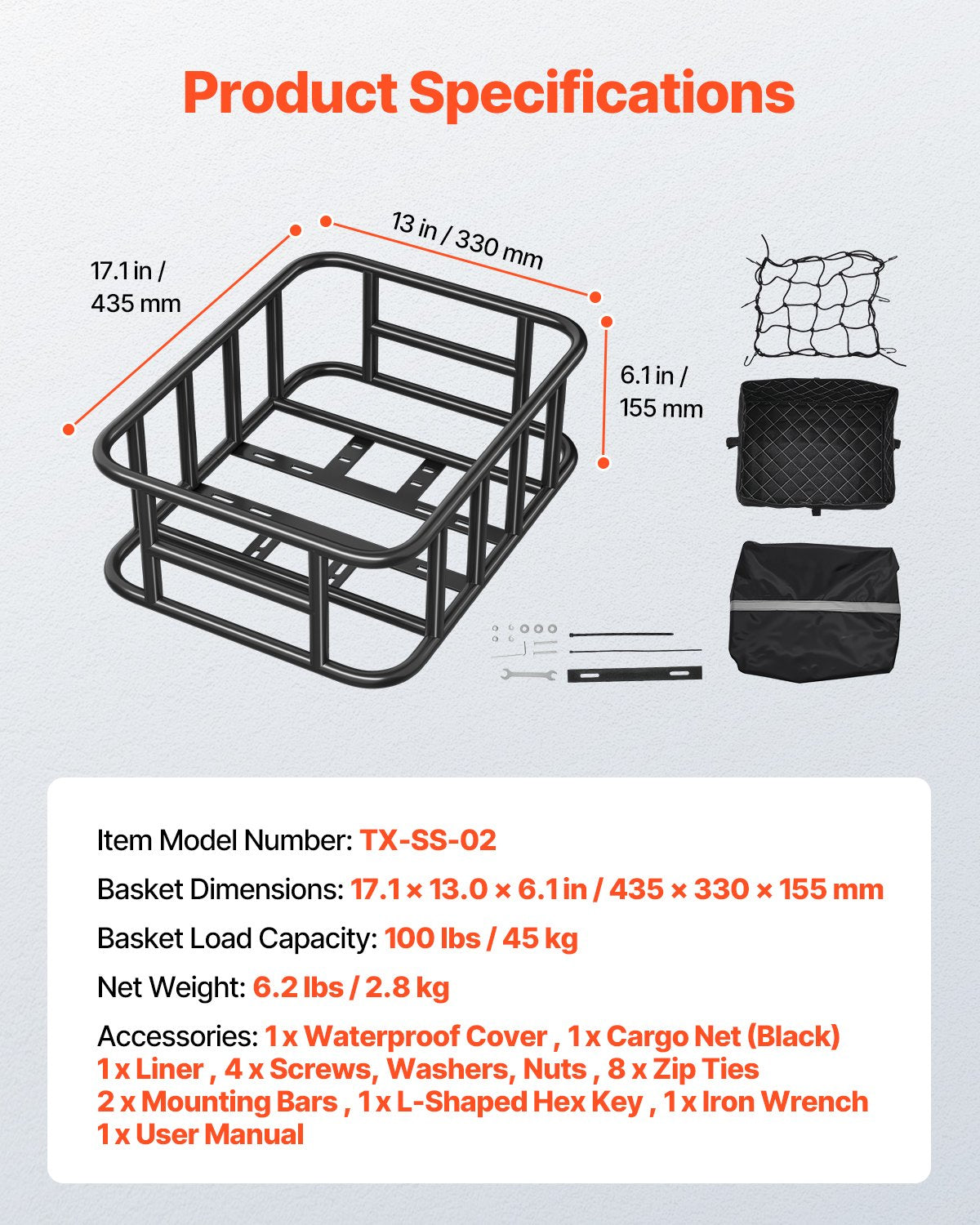 Rear Bike Basket, Medium Bicycle Basket with Cargo Net, Liner & Waterproof Cover, Heavy Duty Bike Back Basket V952-CKHXJSGZYNCBKTWSAV0