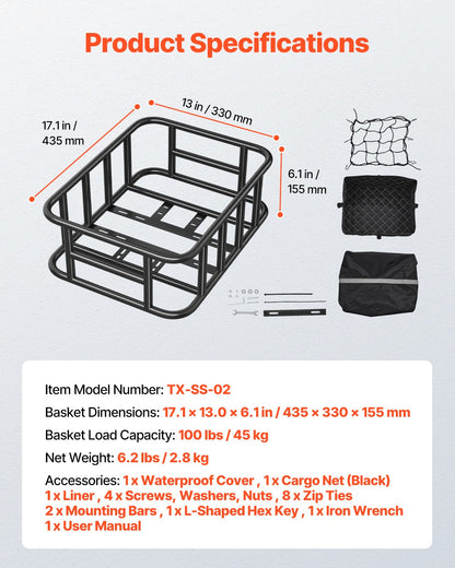 Rear Bike Basket, Medium Bicycle Basket with Cargo Net, Liner & Waterproof Cover, Heavy Duty Bike Back Basket V952-CKHXJSGZYNCBKTWSAV0