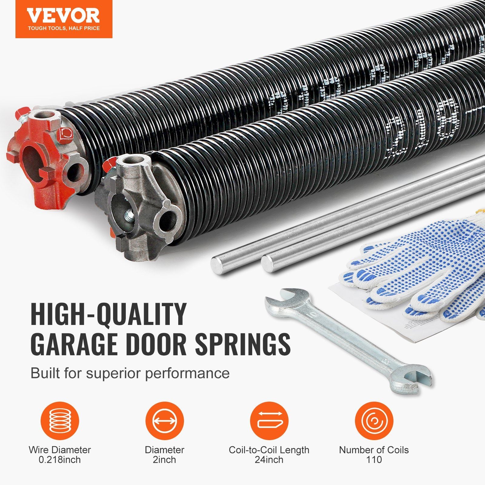 Garage Door Torsion Springs, Pair of 5.54 x 50.8 x 610 mm, 16000 Cycles, Garage Door Springs with Non-Slip V952-CKMDH0218X2X2TDCCV0