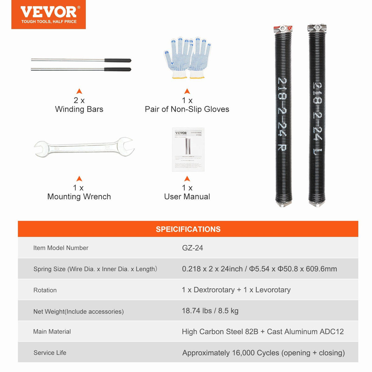 Garage Door Torsion Springs, Pair of 5.54 x 50.8 x 610 mm, 16000 Cycles, Garage Door Springs with Non-Slip V952-CKMDH0218X2X2TDCCV0