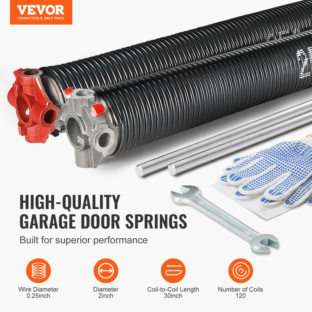 Garage Door Torsion Springs, 16000 Cycles, Pair of 0.25 x 2 x 30inch, Garage Door Springs with Non-Slip V952-CKMDH0250X2XGEHH7V0