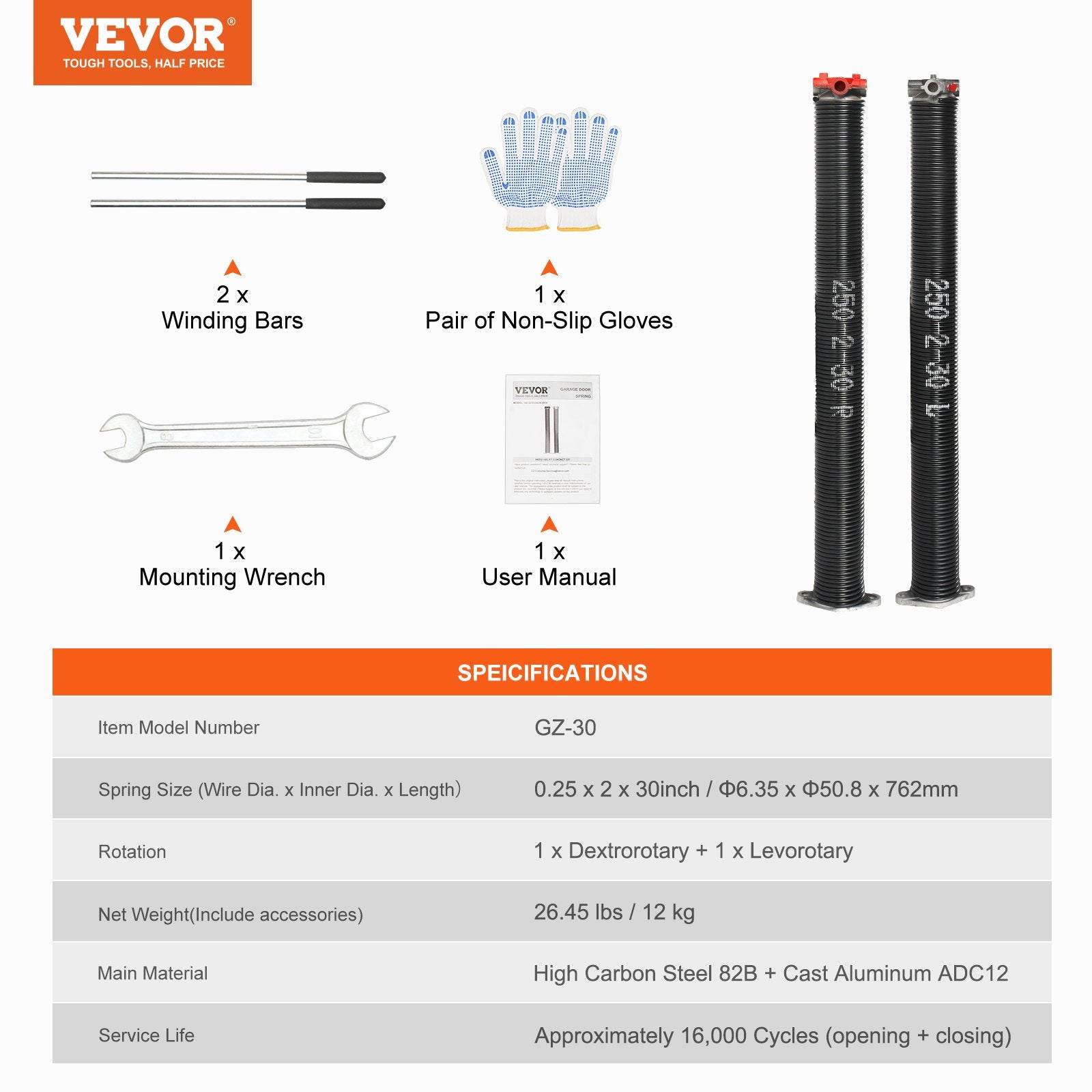 Garage Door Torsion Springs, 16000 Cycles, Pair of 0.25 x 2 x 30inch, Garage Door Springs with Non-Slip V952-CKMDH0250X2XGEHH7V0