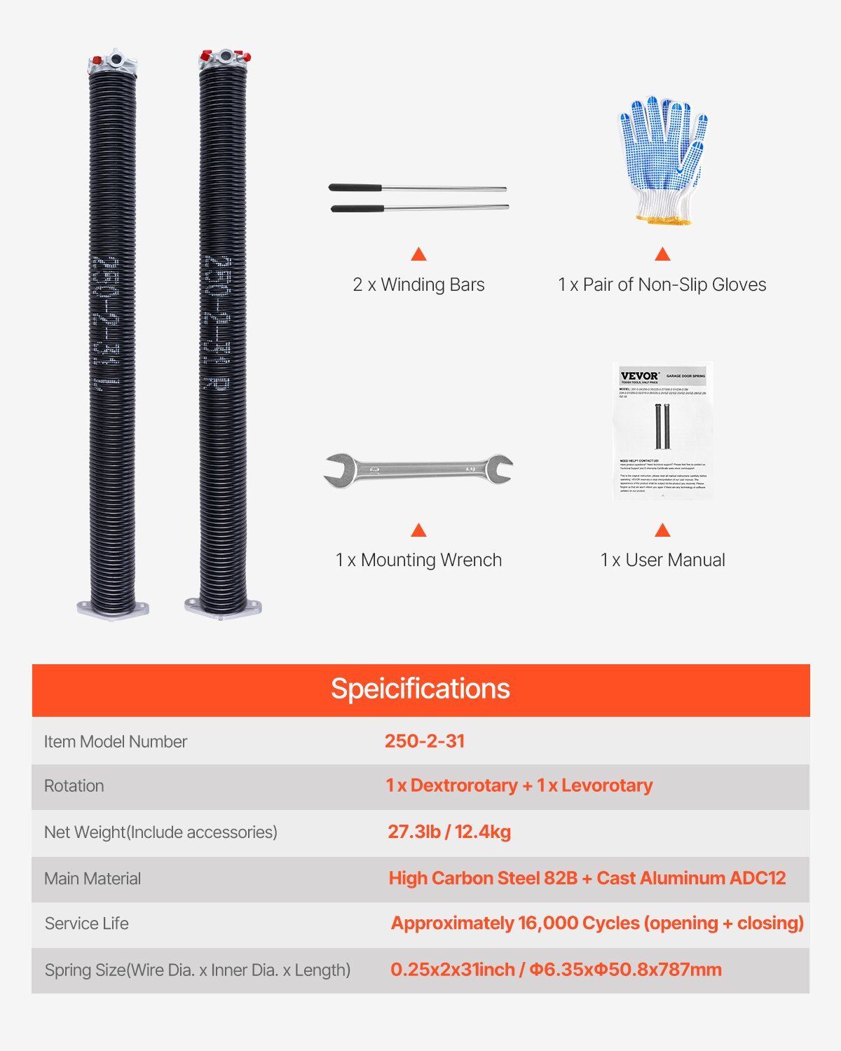 Garage Door Torsion Springs, Pair of 6.35 x 50.8 x 787 mmn, 16000 Cycles, Electrophoresis Black Coated for V952-CKMDH0250X2XWA4D1V0