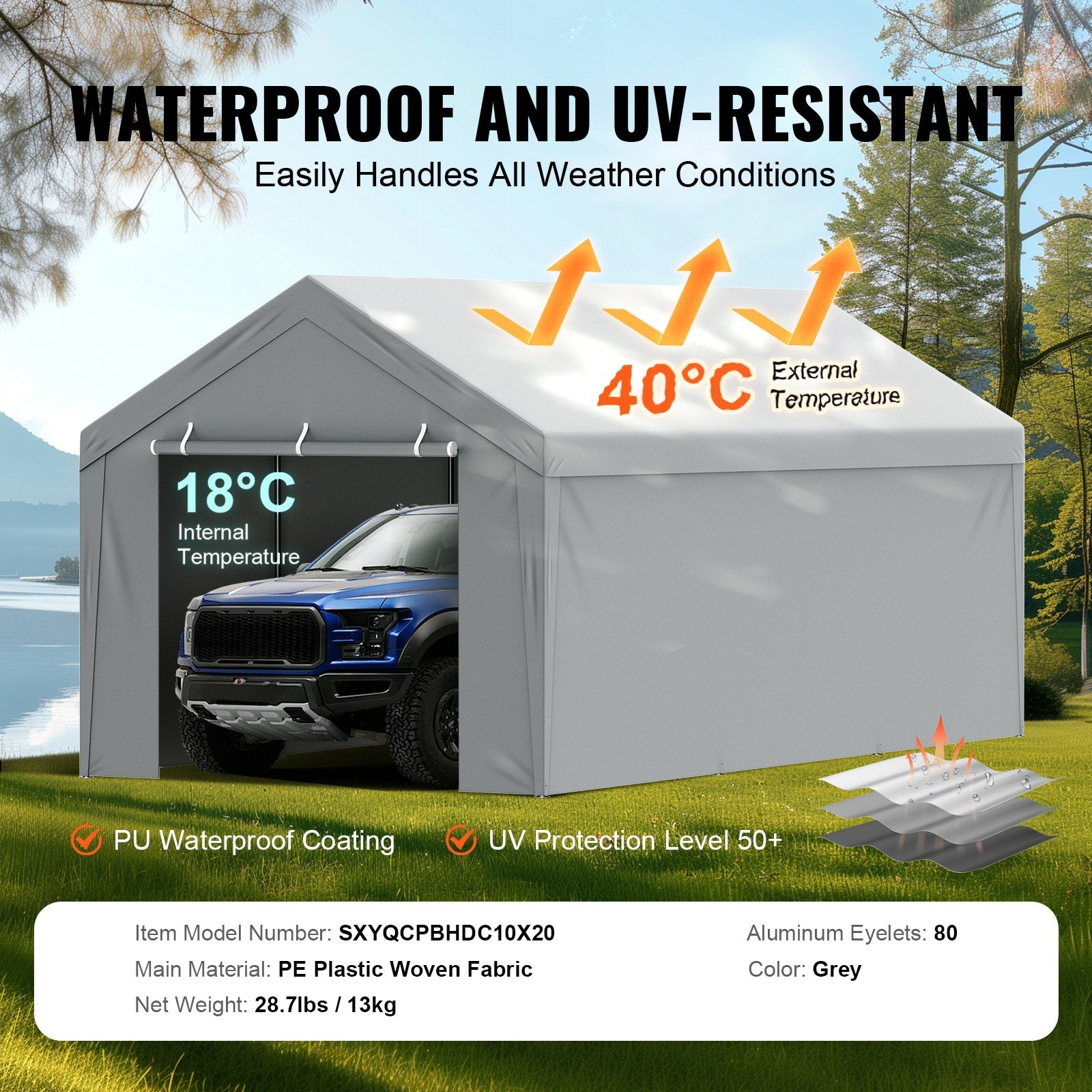 Carport Replacement Canopy Cover Top + Side Wall 10 x 20 ft, Garage Tent Shelter Tarp Heavy-Duty Waterproof & V952-CKPB10X20FTH27H20V0
