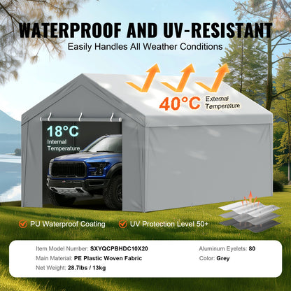Carport Replacement Canopy Cover Top + Side Wall 10 x 20 ft, Garage Tent Shelter Tarp Heavy-Duty Waterproof & V952-CKPB10X20FTH27H20V0