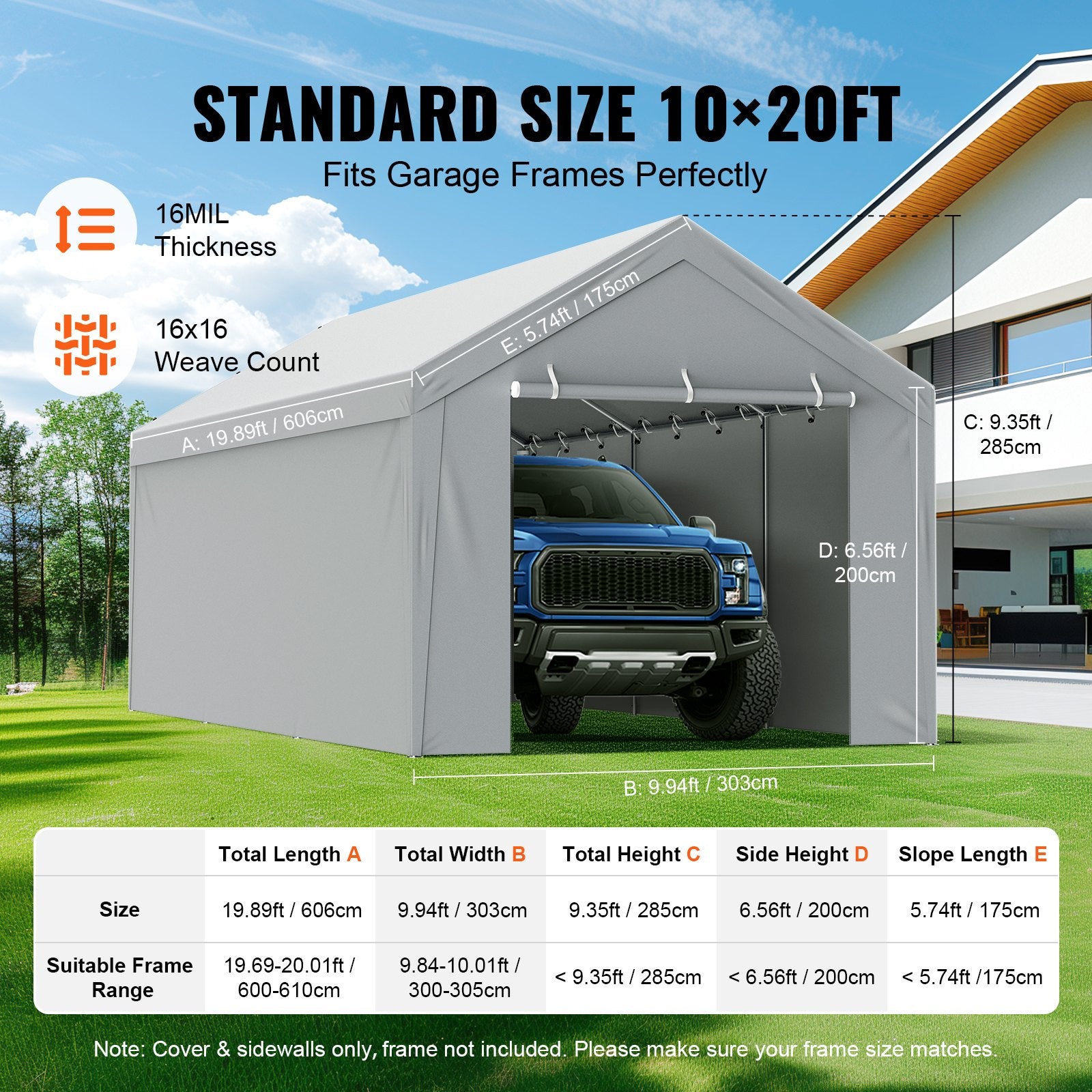 Carport Replacement Canopy Cover Top + Side Wall 10 x 20 ft, Garage Tent Shelter Tarp Heavy-Duty Waterproof & V952-CKPB10X20FTH27H20V0