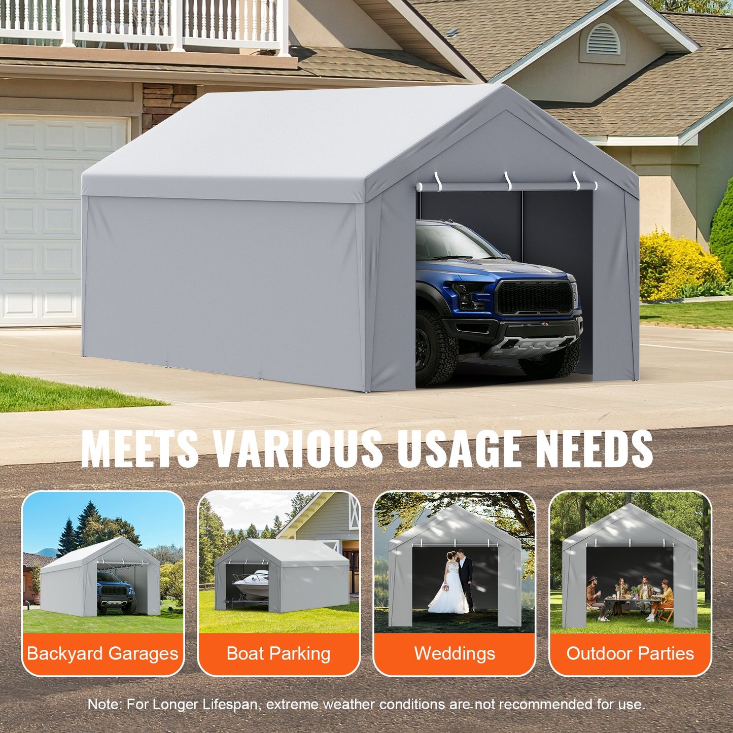 Carport Replacement Canopy Cover Top + Side Wall 10 x 20 ft, Garage Tent Shelter Tarp Heavy-Duty Waterproof & V952-CKPB10X20FTH27H20V0