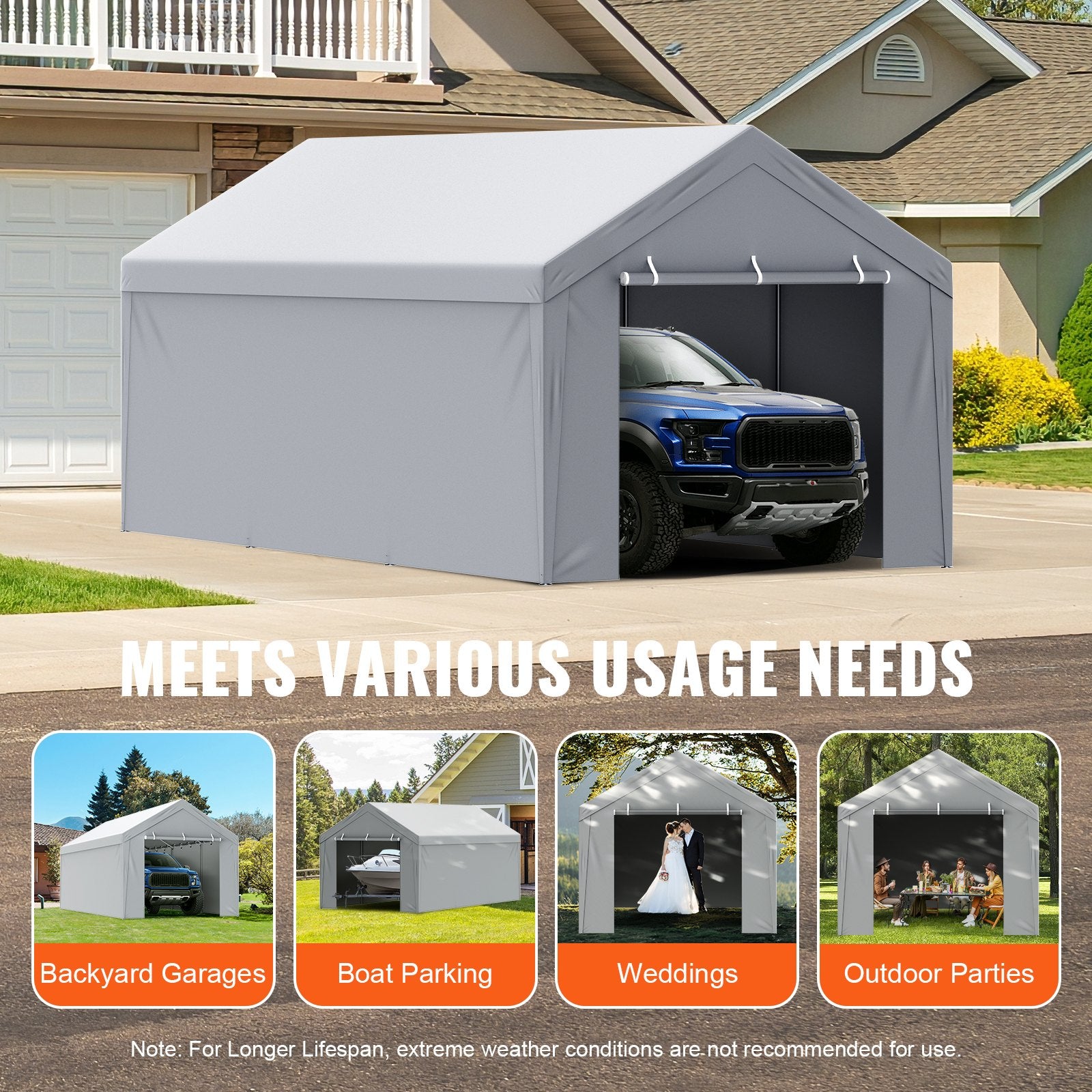 Carport Replacement Canopy Cover Top + Side Wall 10 x 20 ft, Garage Tent Shelter Tarp Heavy-Duty Waterproof & V952-CKPB10X20FTH27H20V0
