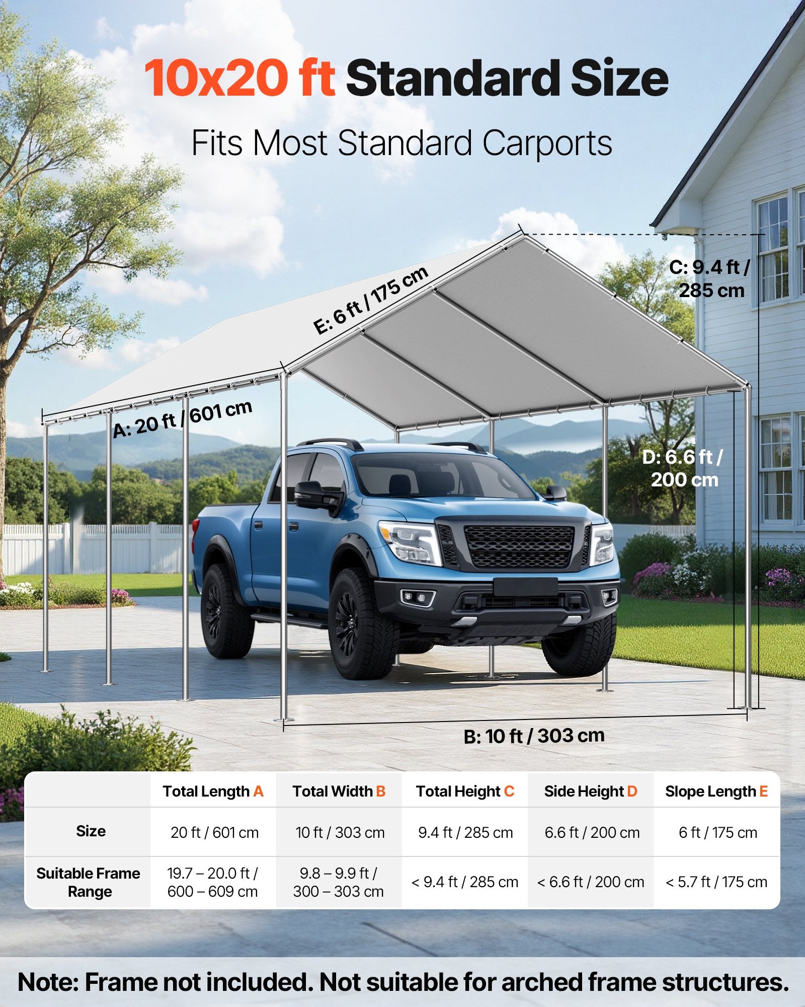 Carport Replacement Canopy, 6 x 3 m Potable Garage Tent Top Tarp, UV-Resistant & Waterproof Car Shelter Tarp, V952-CKPB10X20FTHHVXKO001V0