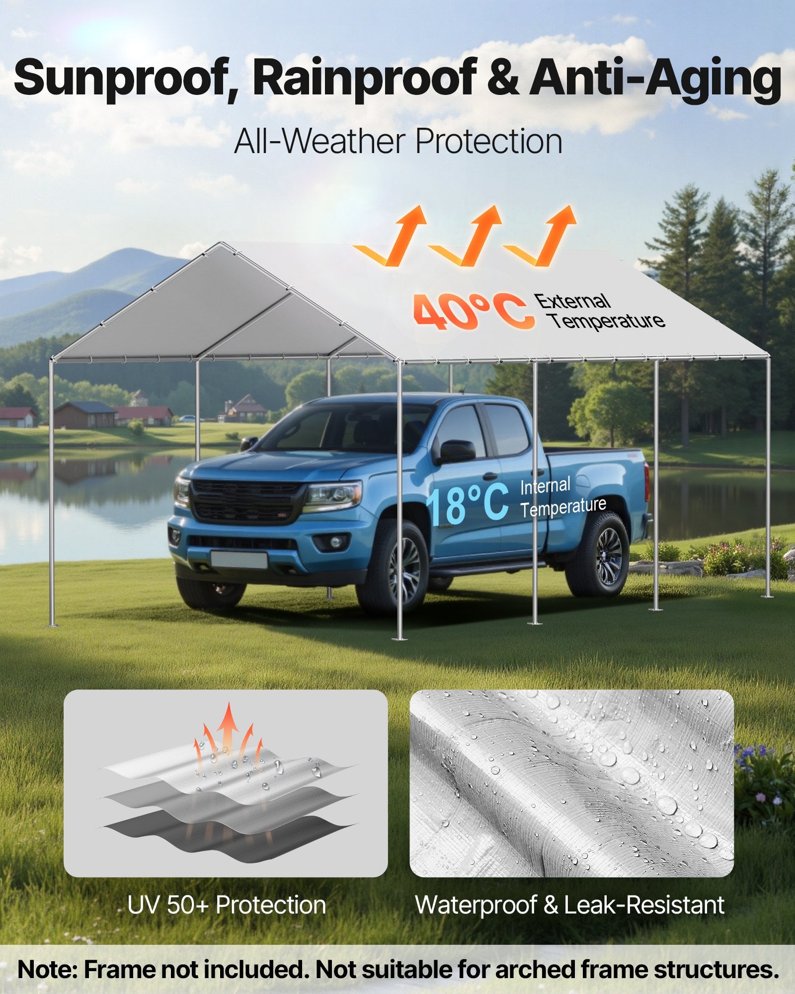 Carport Replacement Canopy, 6 x 3 m Potable Garage Tent Top Tarp, UV-Resistant & Waterproof Car Shelter Tarp, V952-CKPB10X20FTHHVXKO001V0