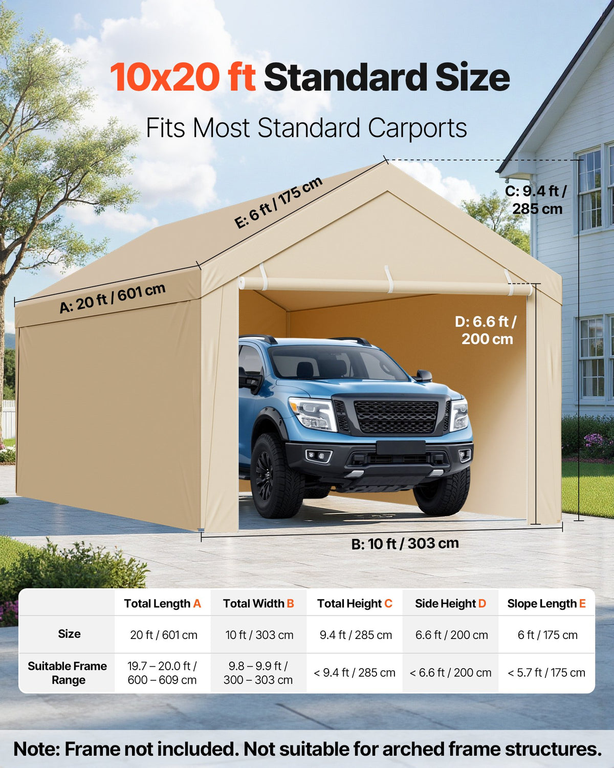 Carport Replacement Canopy, 6 x 3 m Potable Garage Tent Top Tarp with Sidewalls, UV-Resistant & Waterproof, V952-CKPB10X20FTMK3PDN001V0