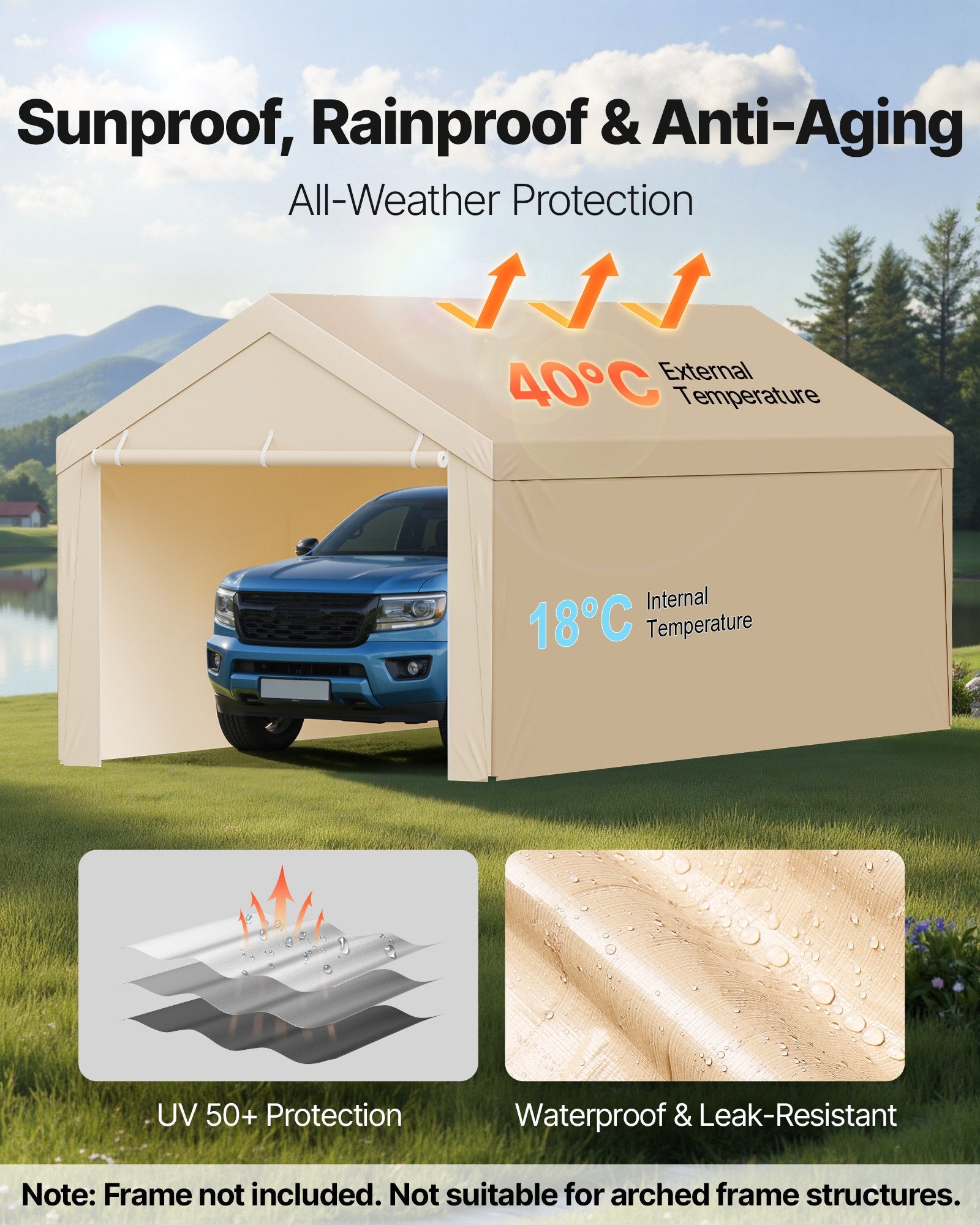 Carport Replacement Canopy, 6 x 3 m Potable Garage Tent Top Tarp with Sidewalls, UV-Resistant & Waterproof, V952-CKPB10X20FTMK3PDN001V0